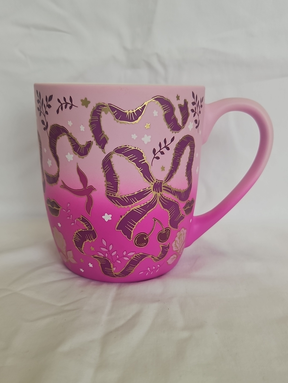 NWOT Pink Ceramic Mug with Gold Ribbon Motif